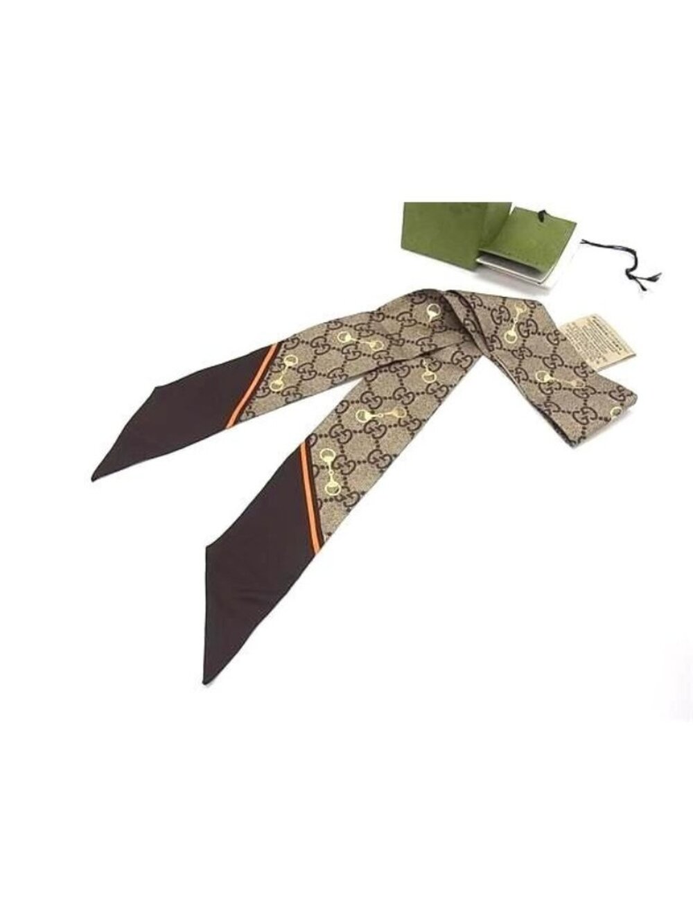 Gucci GG Pattern Horsebit Neck Bow Silk 100% Ribbon Scarf Brown